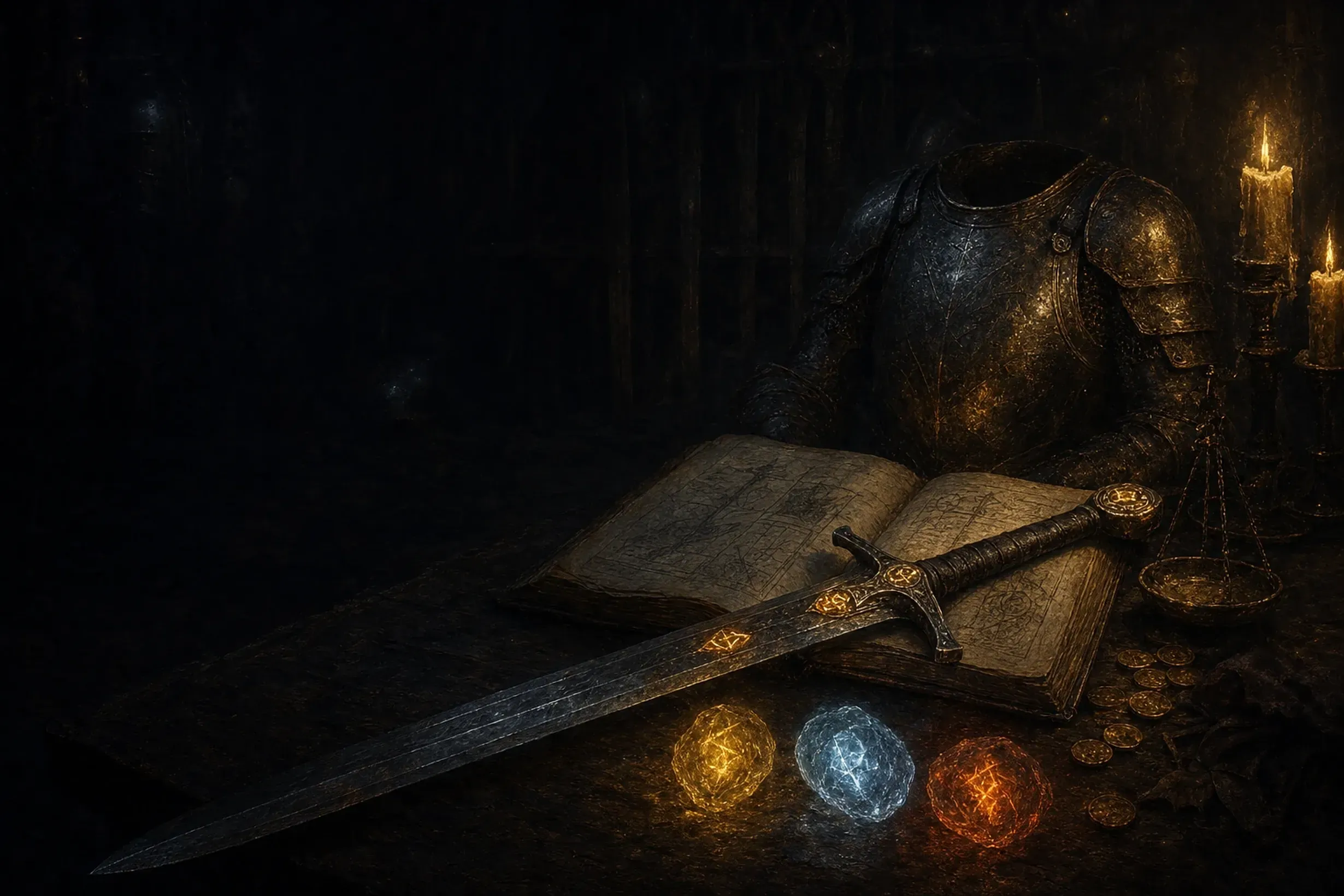 A candle-lit study of armour, a sword and an open tome beside three glowing orbs