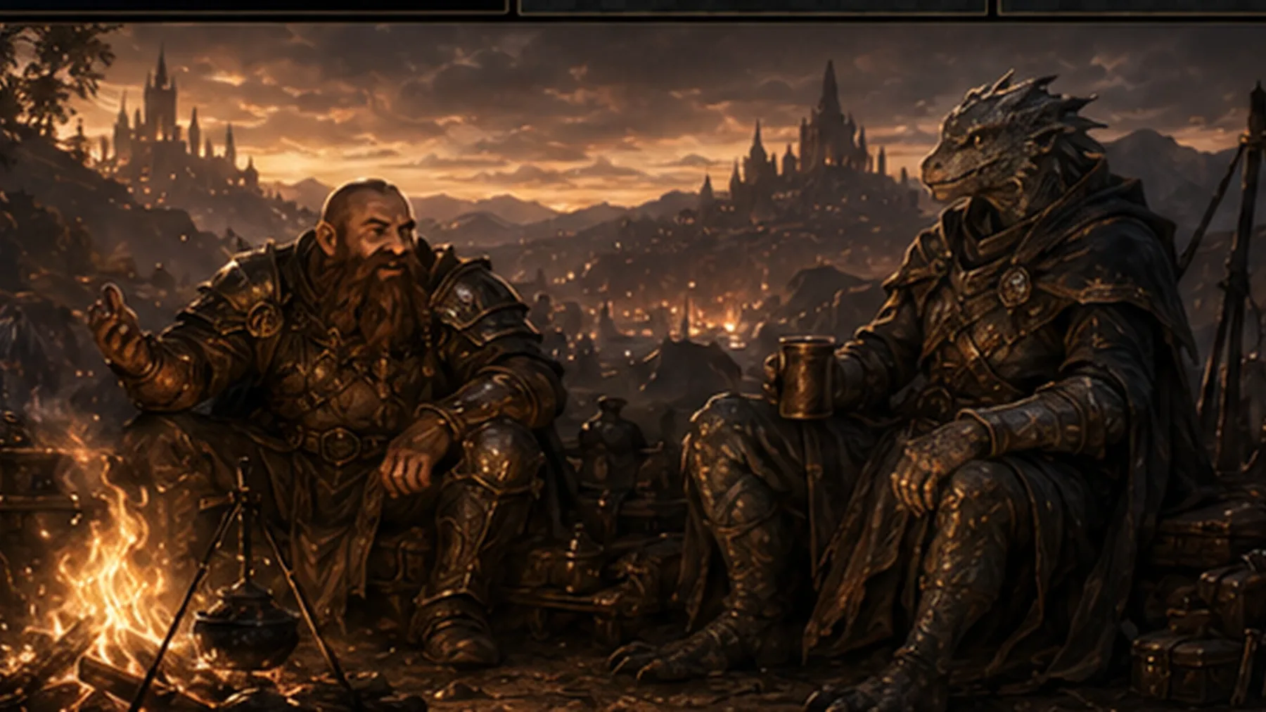 Two travellers resting at a campfire above a lantern-lit city at dusk